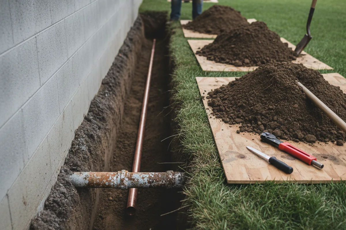 Excavated water line trench during Sewer Line Repair in Luna Pier